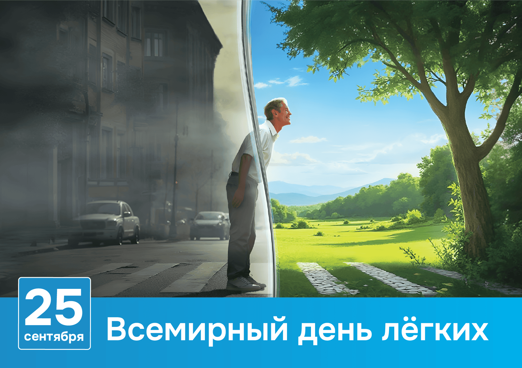 Иллюстрация мужчины, стоящего на границе между загрязнённым городом и чистым зелёным пейзажем, символизирующая Всемирный день лёгких
